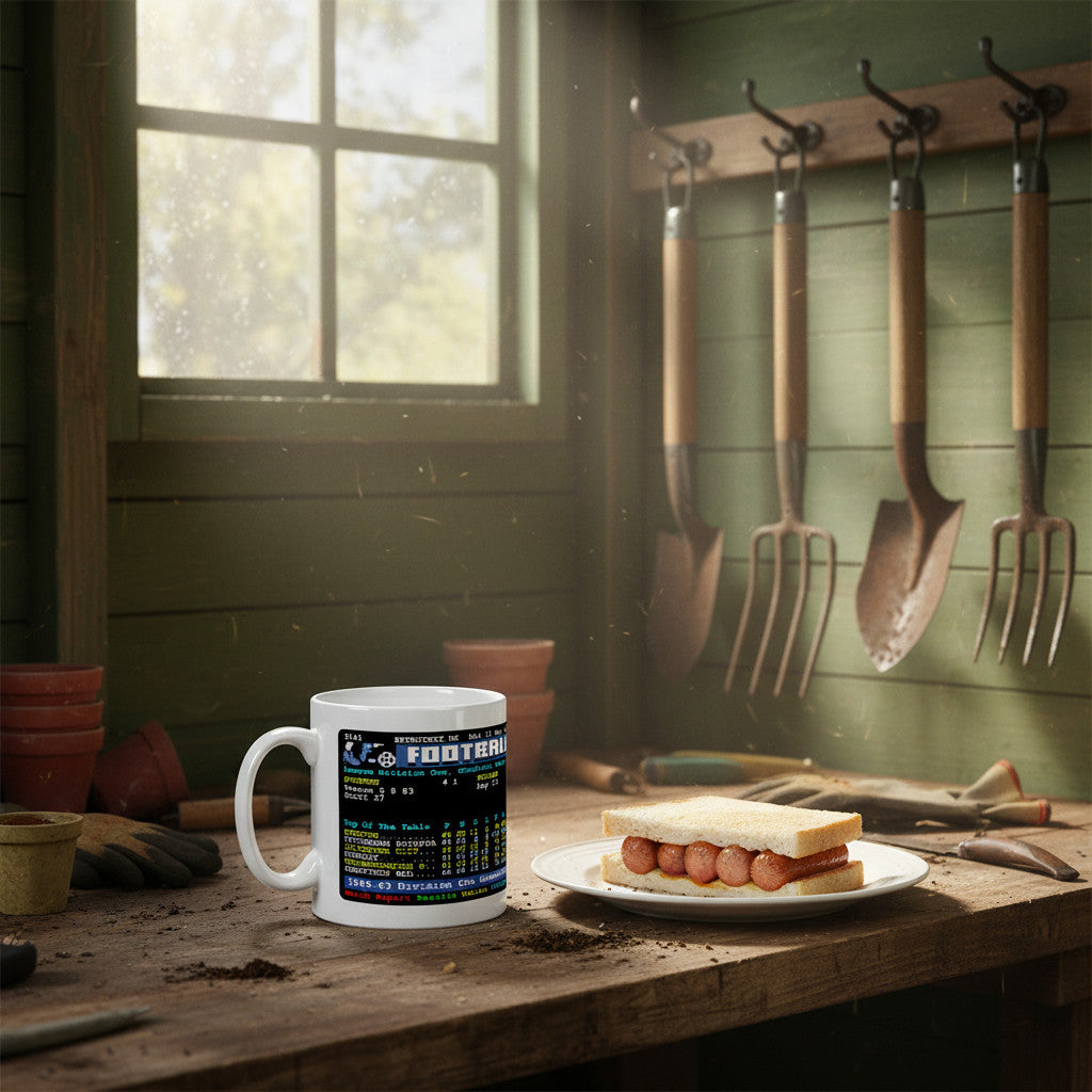Retrotext Everton 1962-63 Division One Champions teletext ceramic mug on a rustic wooden workbench with a hot dog.