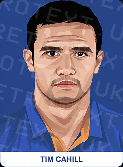Retrotext Everton mug featuring a digital illustration of Tim Cahill on a blue background with his name below