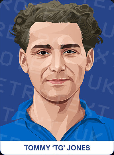 Retrotext Everton Goodison Park mug featuring a digital illustration of footballer Tommy TG Jones on a blue background