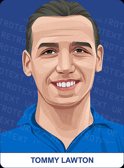 Retrotext Everton mug featuring a colourful illustrated portrait of football legend Tommy Lawton on a blue background.