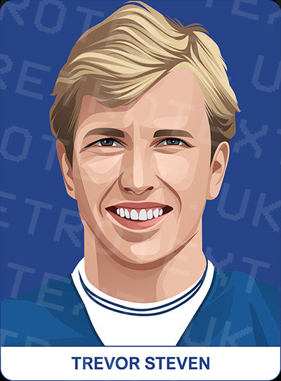 Retrotext Everton Goodison Park mug featuring a detailed illustration of footballer Trevor Steven on a blue background