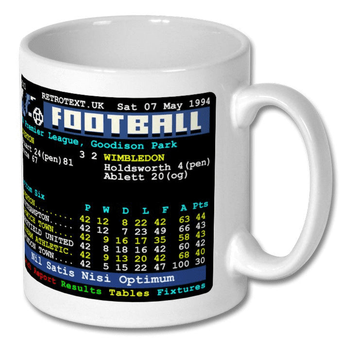 Retrotext white 11oz ceramic mug featuring a 1994 Everton vs Wimbledon football match teletext score graphic