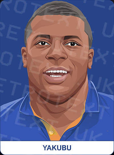 Retrotext Everton mug featuring a digital illustration of Yakubu in a blue kit against a blue patterned background.