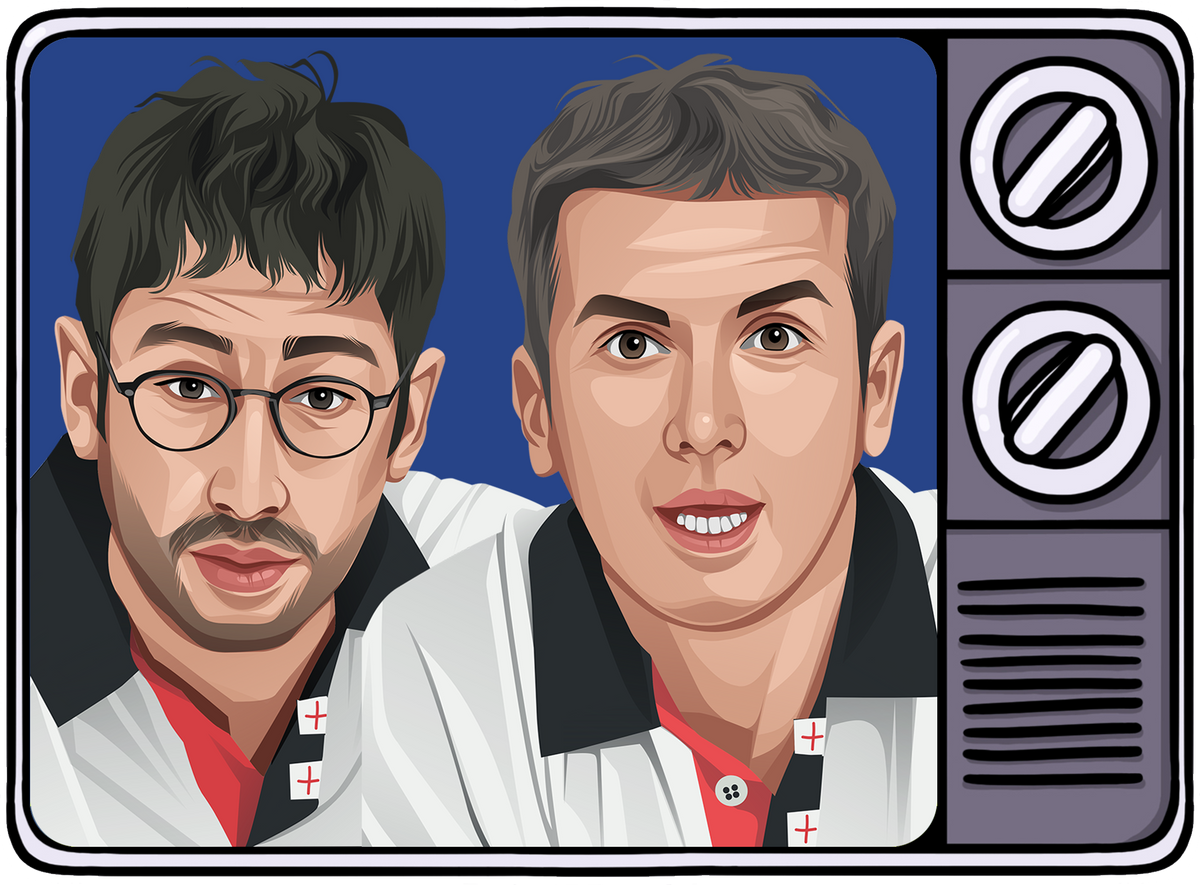 Retrotext illustration of two men in 1990s England football shirts inside a vintage television frame
