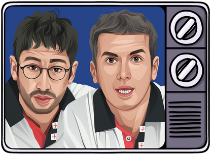 Retrotext illustration of two men in 1990s England football shirts inside a vintage television frame