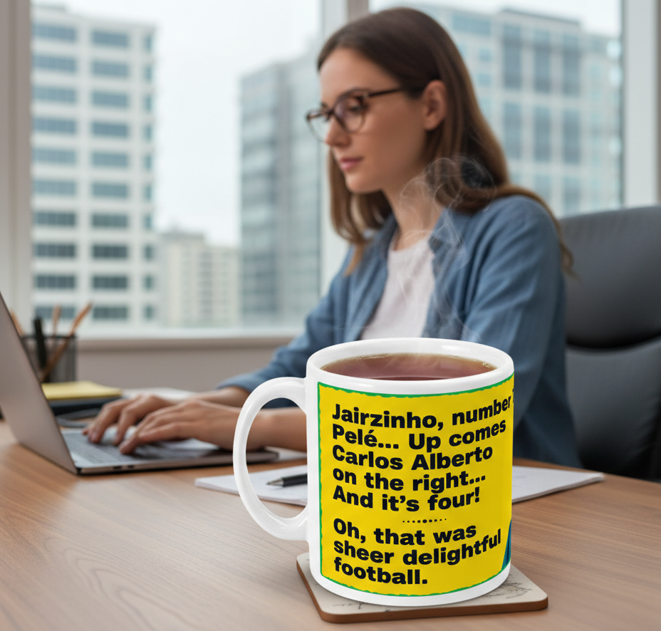 Retrotext 11oz glossy white ceramic mug featuring Kenneth Wolstenholme football commentary on a yellow background
