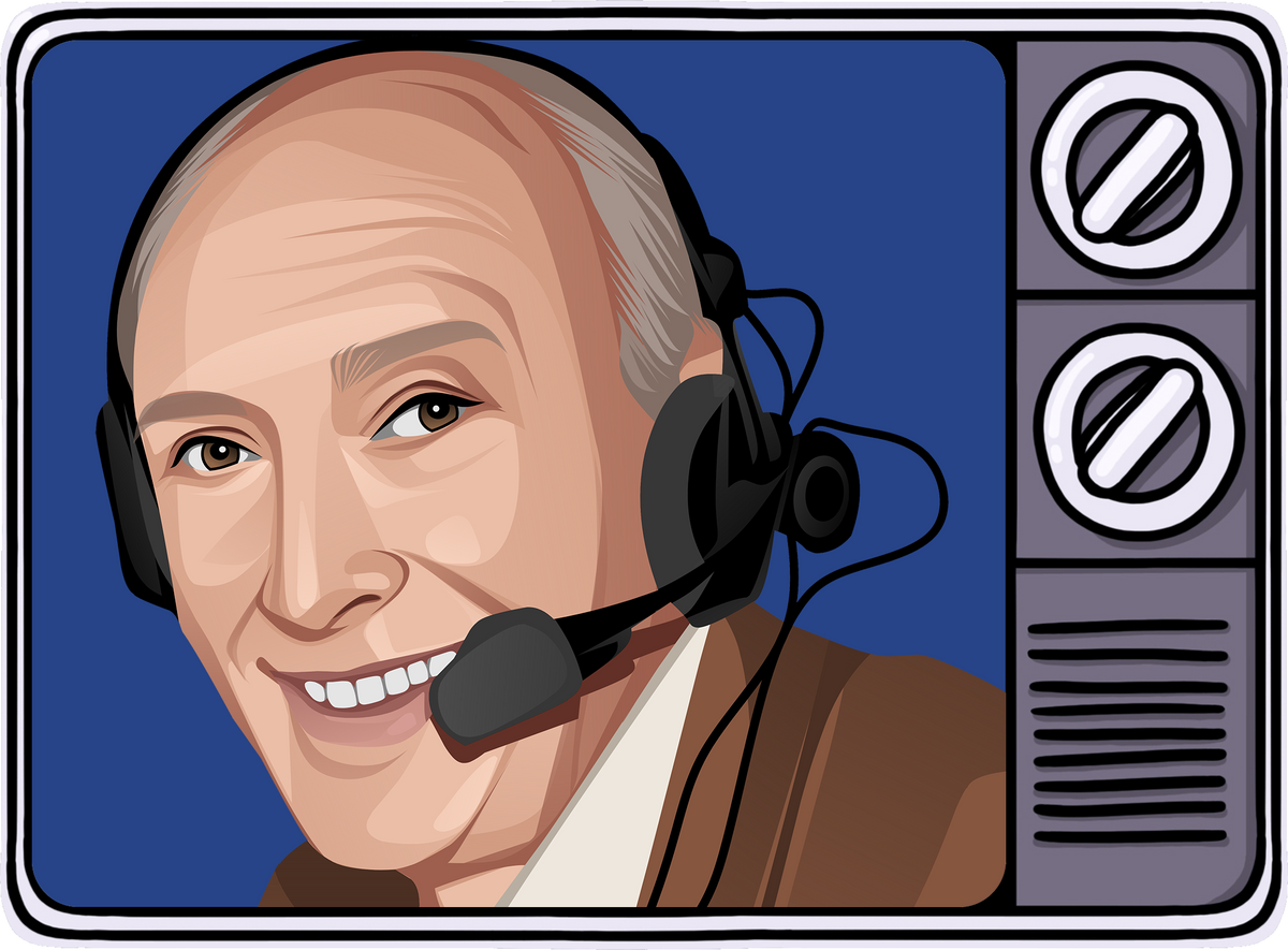 Retrotext illustration of a smiling football commentator wearing a headset inside a vintage television frame