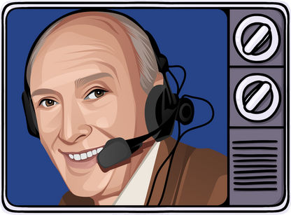 Retrotext illustration of a smiling football commentator wearing a headset inside a vintage television frame