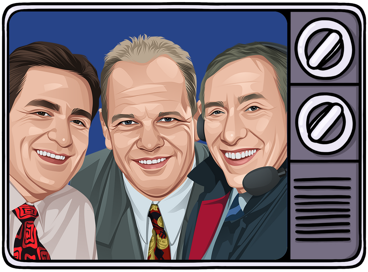 Retrotext illustration of three smiling 1990s football commentators inside a vintage television frame