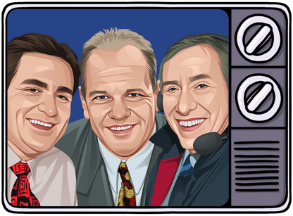 Retrotext illustration of three smiling 1990s football commentators inside a vintage television frame