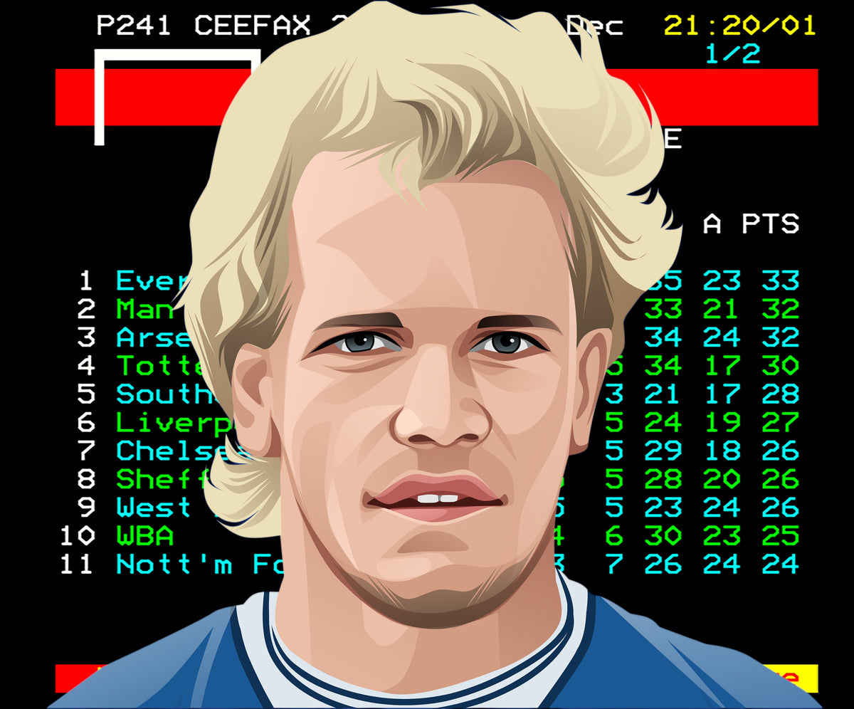 Retrotext illustration of a blonde footballer in front of a vintage Ceefax teletext football league table screen