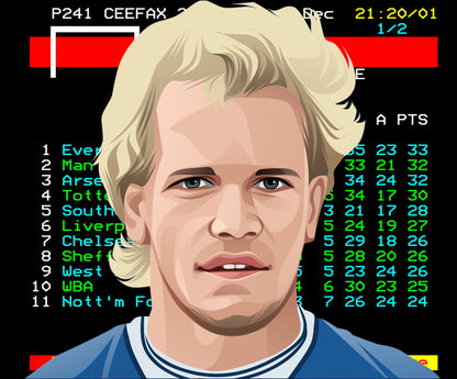 Retrotext illustration of a blonde footballer in front of a vintage Ceefax teletext football league table screen