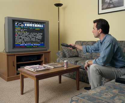 Retrotext France 1998 World Cup Winners Teletext mug on a coffee table in a living room with a man watching TV