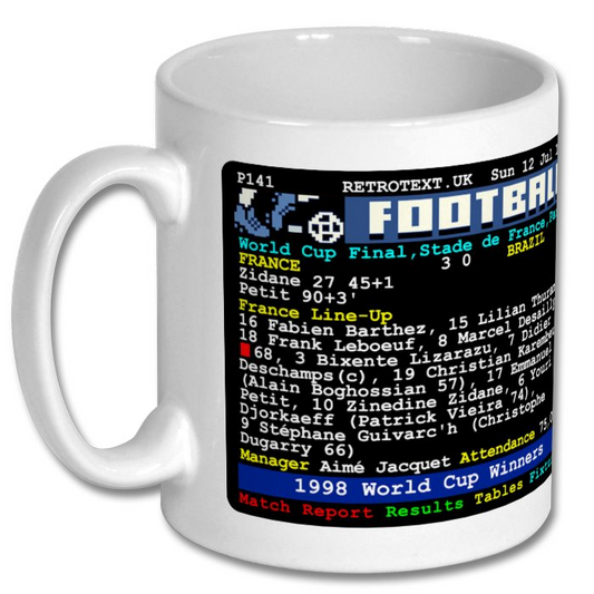 Retrotext 11oz glossy white ceramic mug featuring a 1998 France World Cup final teletext match report design.