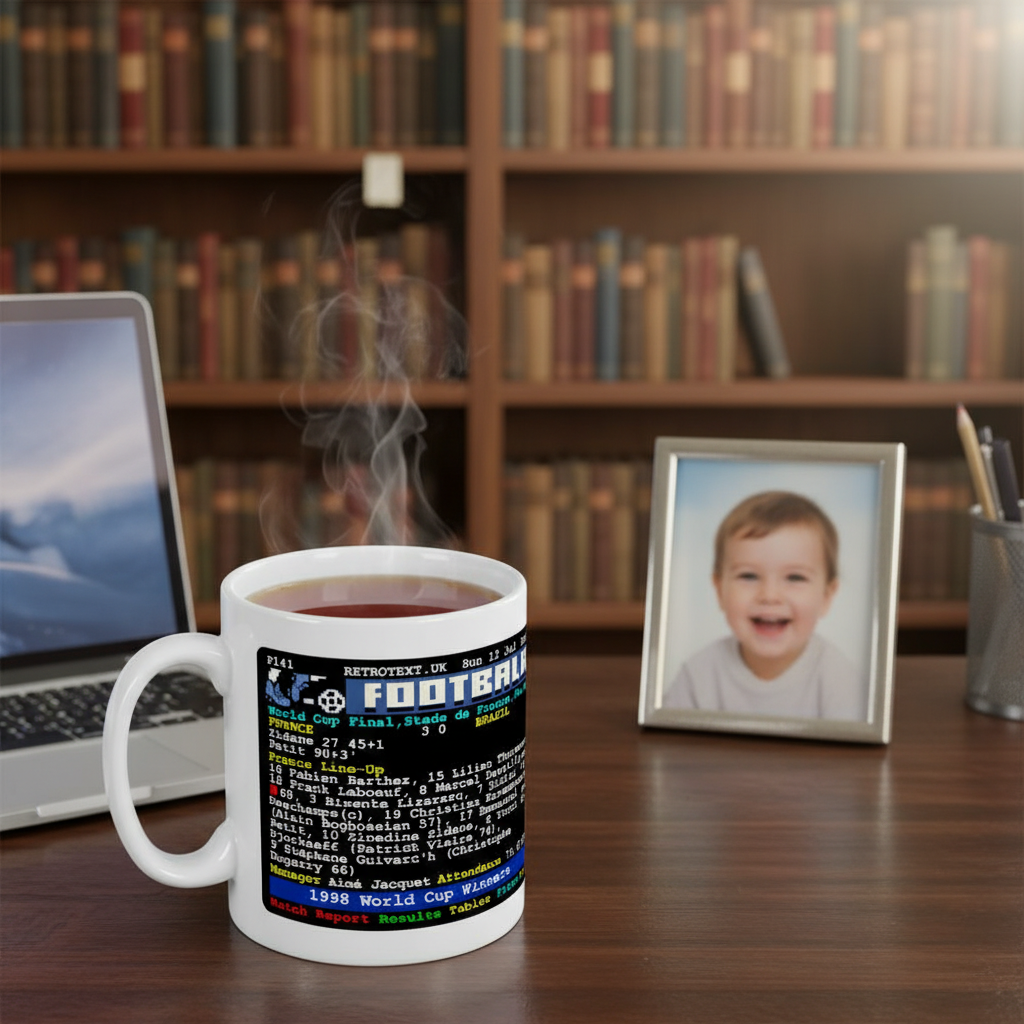 Retrotext 11oz glossy white mug featuring a 1998 France World Cup final teletext score design on a wooden desk