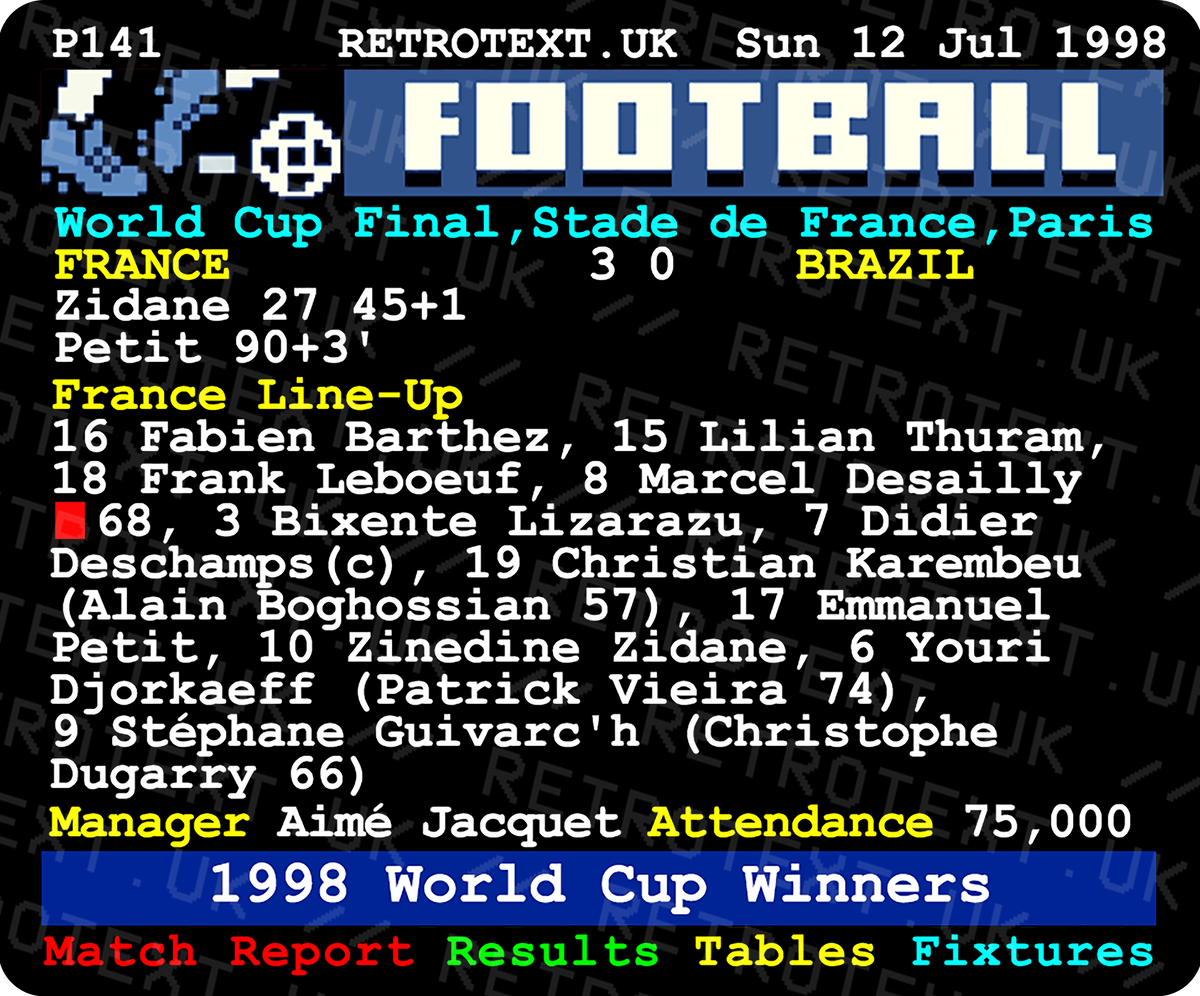 Retrotext 11oz glossy white mug featuring a 1998 World Cup final France vs Brazil teletext score graphic