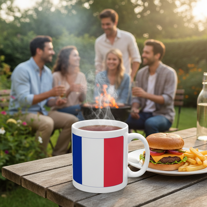 Retrotext 11oz glossy white mug featuring the French flag, set on a wooden table with a burger during a garden party.