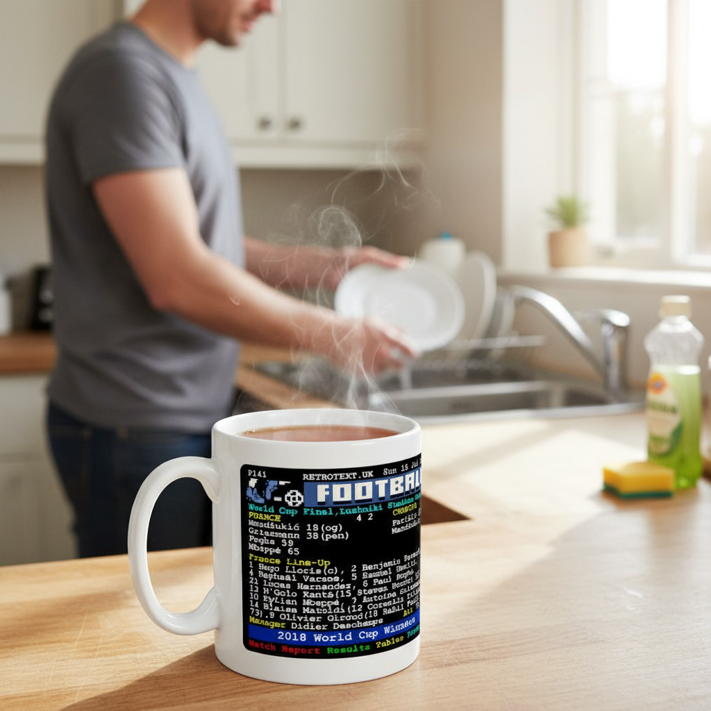 Retrotext 11oz glossy white mug featuring a 2018 World Cup final teletext design with Kylian Mbappe match stats