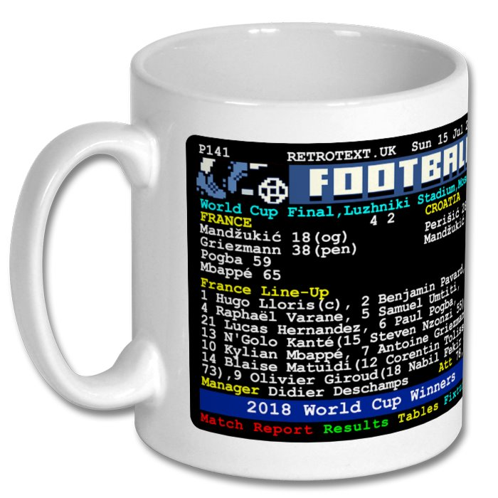 Retrotext 11oz glossy white ceramic mug featuring a 2018 France World Cup final teletext match report design