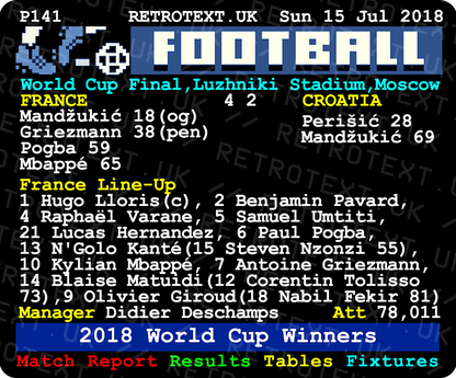 Retrotext 11oz glossy white mug featuring a 2018 World Cup final France vs Croatia teletext match report design