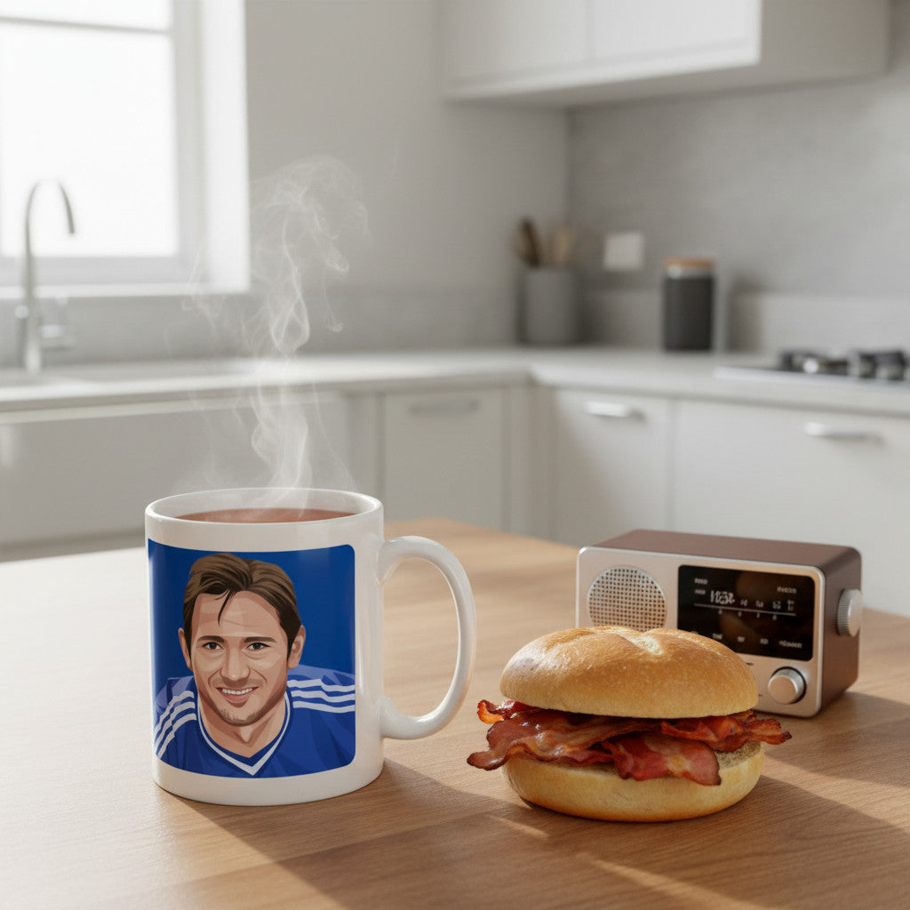 Retrotext Chelsea 2005 Premier League Champions Frank Lampard mug with glossy white finish on a wooden kitchen table.