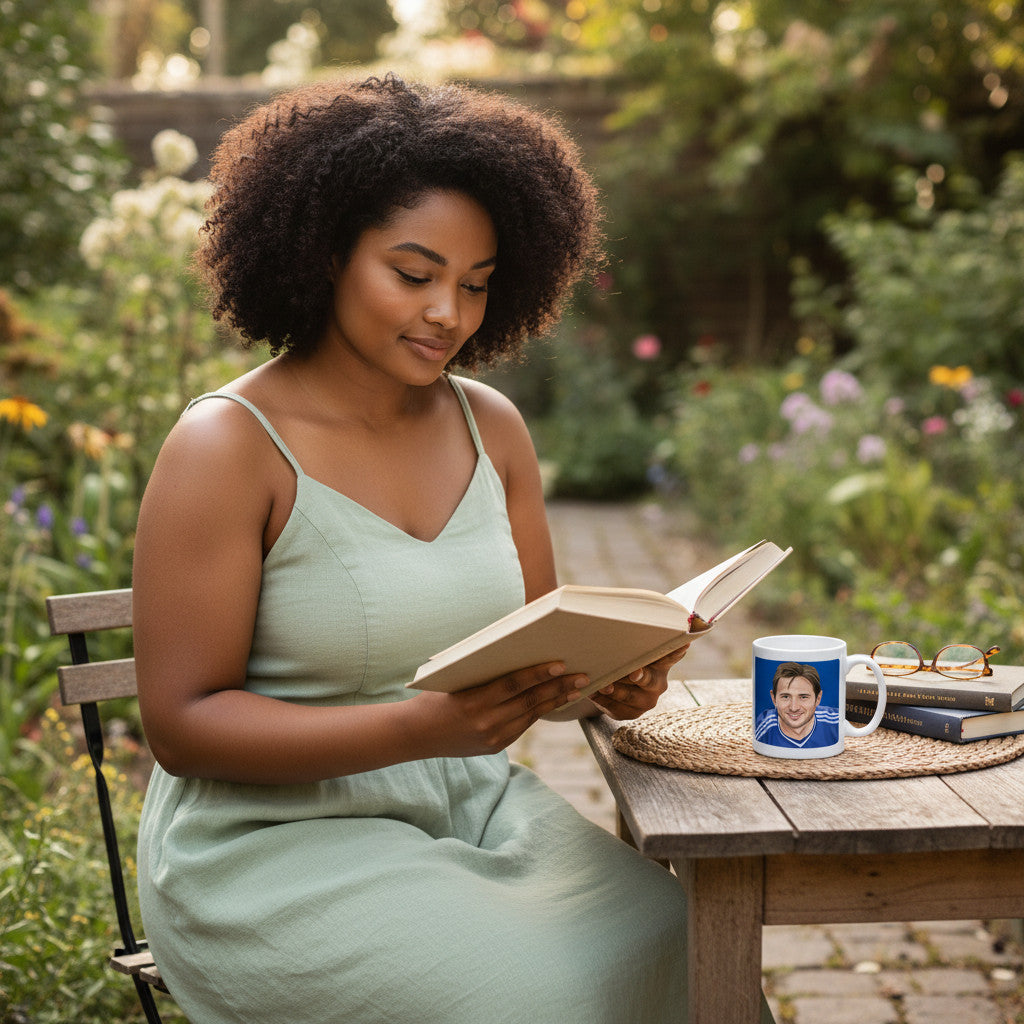 Retrotext Chelsea 2012 Champions League Frank Lampard mug on a wooden table next to a woman reading in a garden