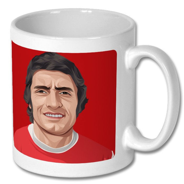 Retrotext white ceramic mug featuring a graphic illustration of Arsenal legend Frank McLintock in his red kit.