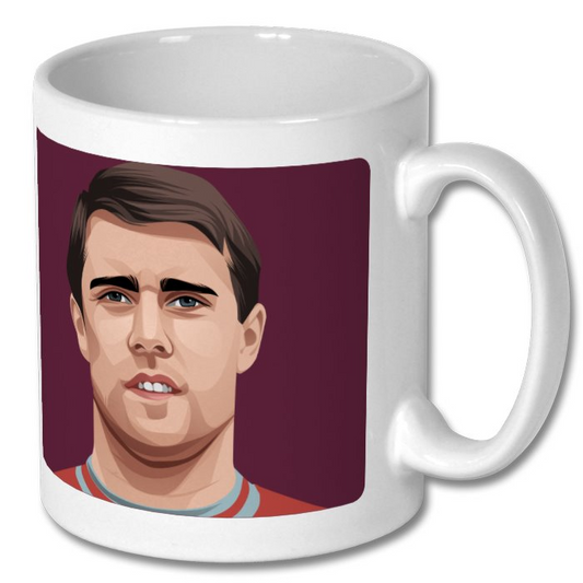 Retrotext West Ham United 1965 Geoff Hurst ceramic mug featuring a retro illustrated portrait on a claret background