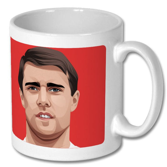 Retrotext 11oz glossy white ceramic mug featuring a red graphic illustration of England legend Sir Geoff Hurst.