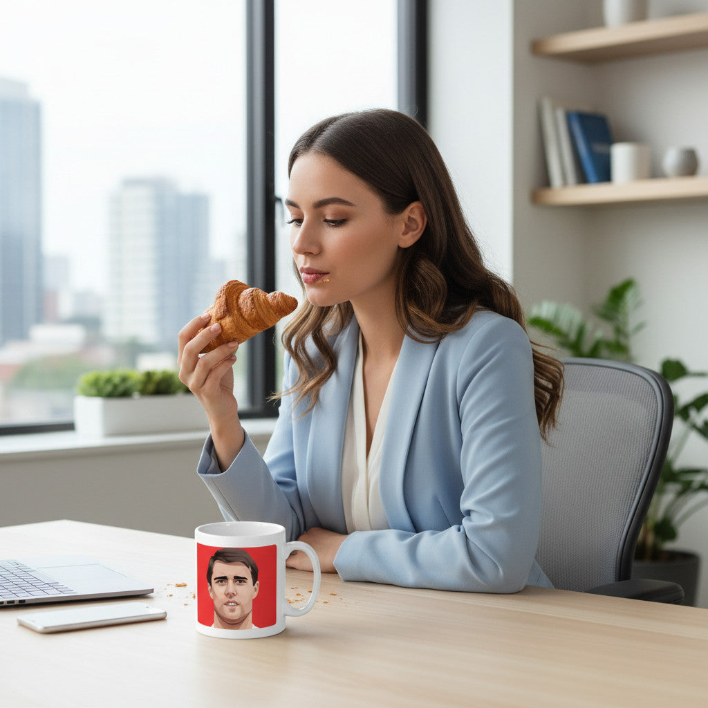 Retrotext white 11oz mug featuring Geoff Hurst 1966 World Cup graphic on a desk with a woman eating a croissant