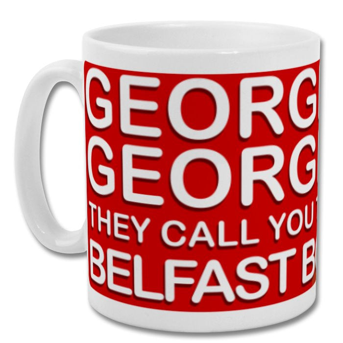 Retrotext Manchester United George Best Belfast Boy ceramic mug with red and white wraparound football chant text