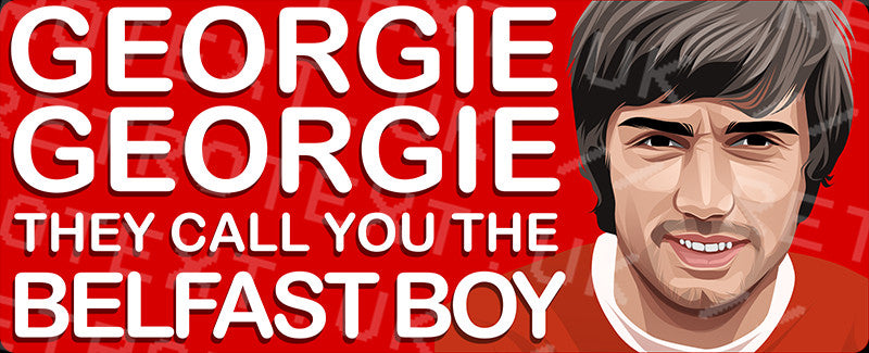 Retrotext Manchester United George Best ceramic mug featuring a red wraparound design and the Belfast Boy chant text.