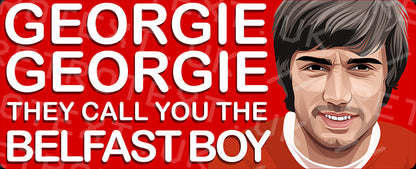 Retrotext Manchester United George Best ceramic mug featuring a red wraparound design and the Belfast Boy chant text.