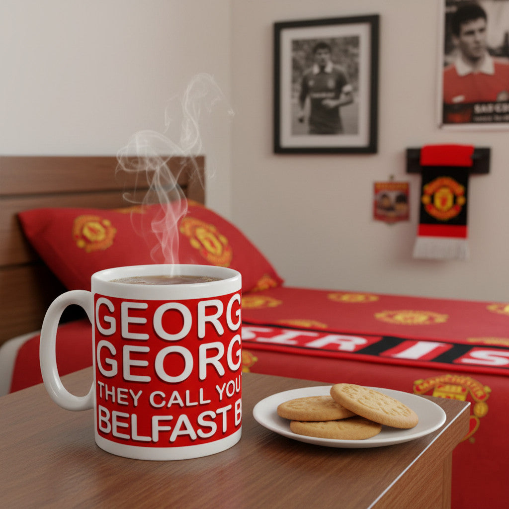 Retrotext Manchester United George Best Belfast Boy ceramic mug with steaming coffee on a bedside table with biscuits.