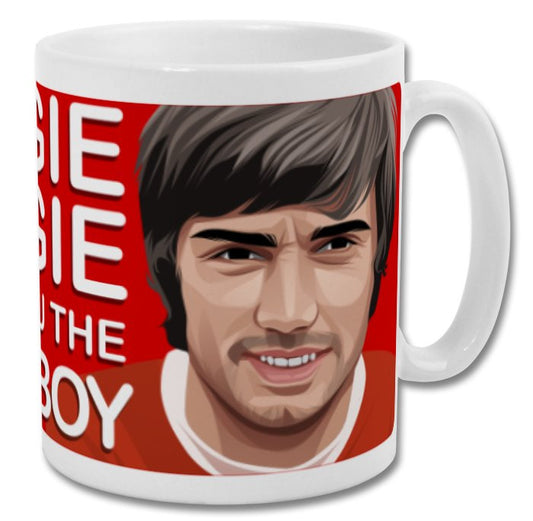 Retrotext Manchester United George Best The Belfast Boy ceramic mug with a vibrant red wraparound football illustration