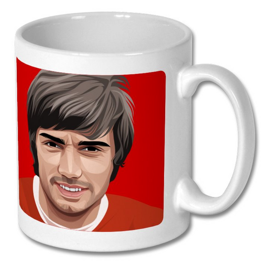 Retrotext 11oz white ceramic mug featuring a graphic illustration of George Best in a Manchester United kit