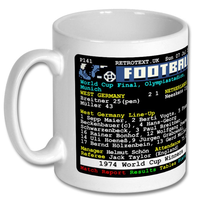Retrotext 11oz white ceramic mug featuring a 1974 World Cup final teletext match report design.