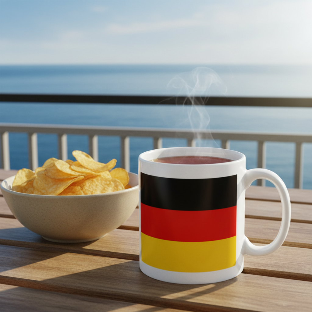 Retrotext 11oz glossy white mug featuring the German flag, sitting on a wooden table with a bowl of chips by the sea.