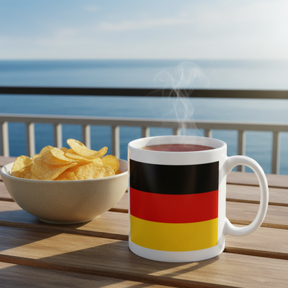 Retrotext 11oz glossy white mug featuring the German flag, sitting on a wooden table with a bowl of chips by the sea.