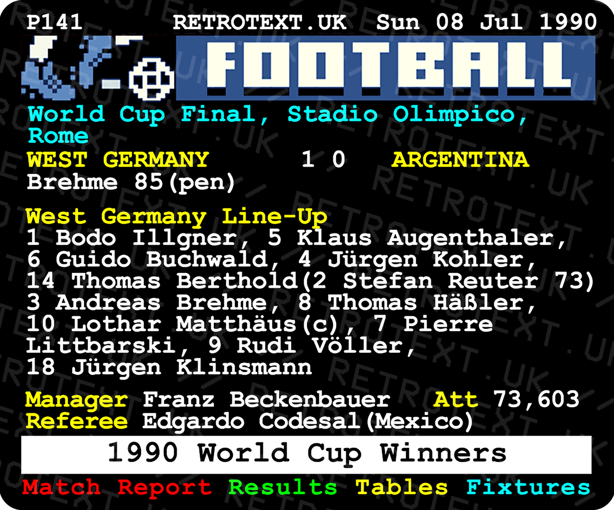 Retrotext 11oz glossy white mug featuring the 1990 World Cup final teletext match report between Germany and Argentina.