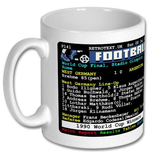 Retrotext 11oz white ceramic mug featuring a 1990 World Cup Germany final teletext match report design.