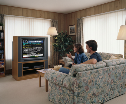 Retrotext 11oz glossy white mug featuring a 1990 Germany World Cup teletext design, displayed in a vintage living room.