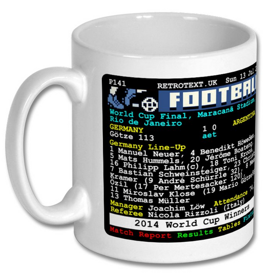 Retrotext 11oz glossy white mug featuring a 2014 Germany World Cup final teletext match report design
