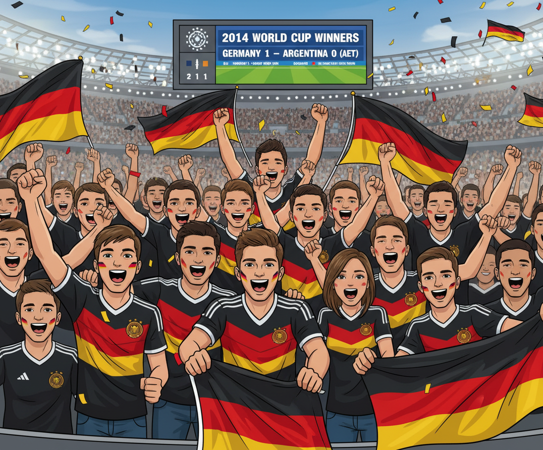 Retrotext Germany 2014 World Cup winners mug featuring a vibrant illustration of cheering fans with German flags