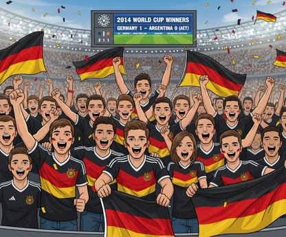 Retrotext Germany 2014 World Cup winners mug featuring a vibrant illustration of cheering fans with German flags