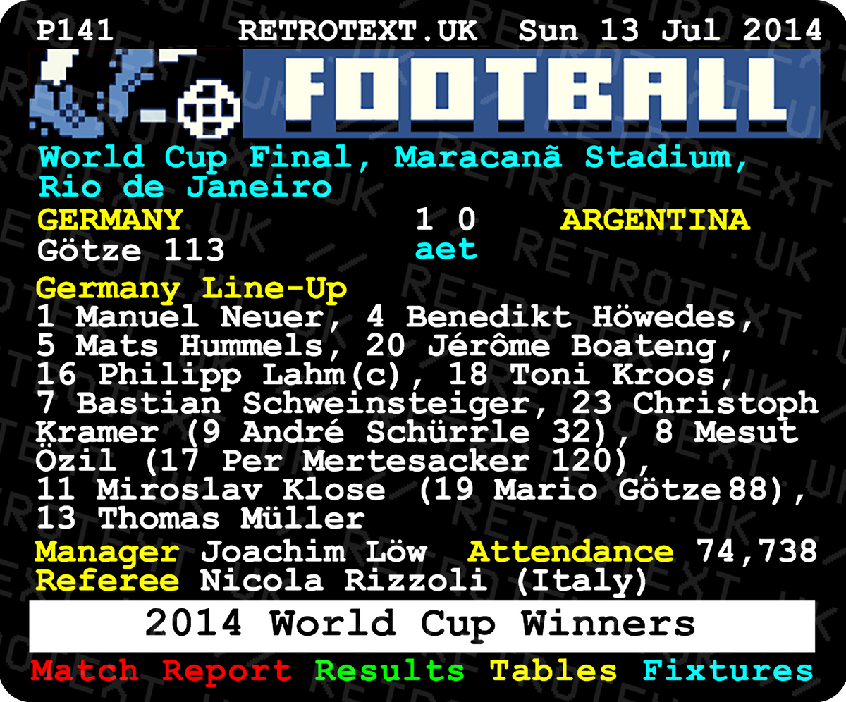 Retrotext 11oz glossy white mug featuring the 2014 World Cup final Germany vs Argentina teletext match report