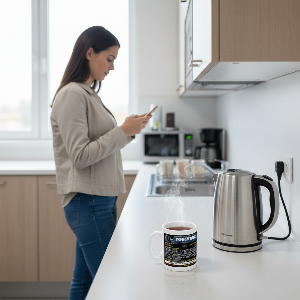 Retrotext Germany 2014 World Cup winners teletext mug on a kitchen counter next to a stainless steel kettle