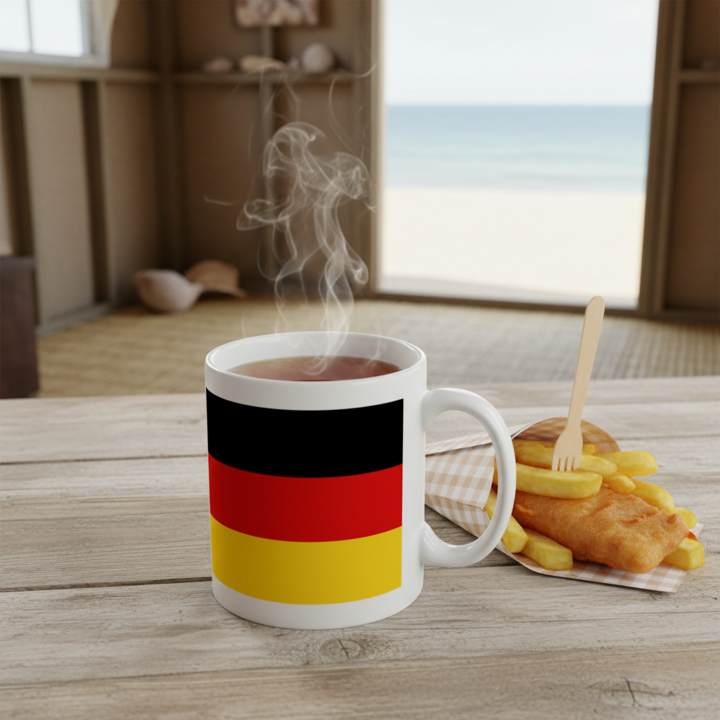 Retrotext Germany 2014 World Cup winners mug with black, red, and gold flag design on a wooden table with fish and chips