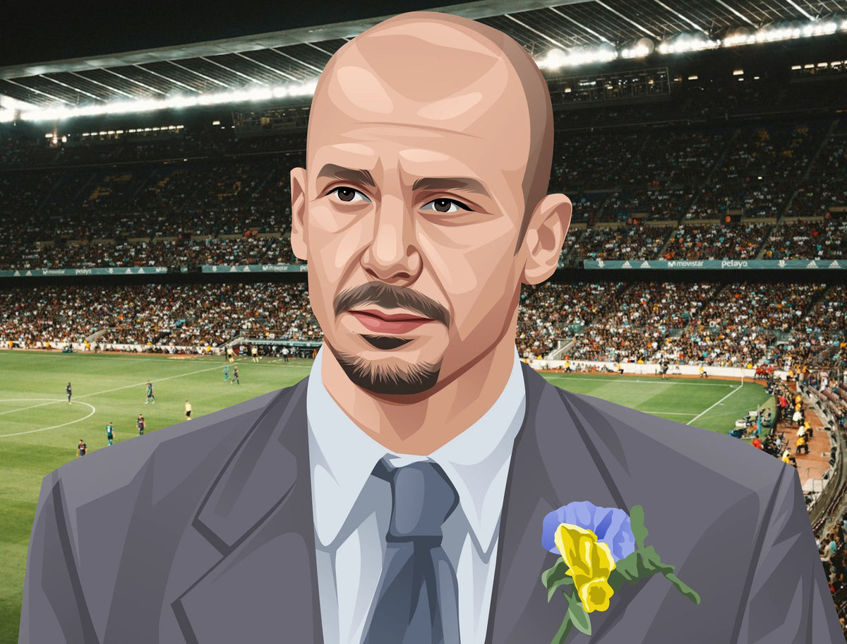 Retrotext illustration of Gianluca Vialli in a grey suit with a blue and yellow flower lapel at a football stadium.