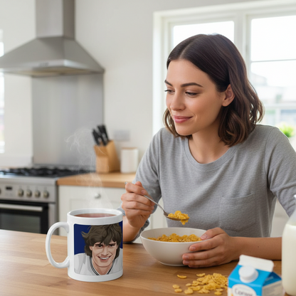 Retrotext Tottenham Hotspur 1982 FA Cup Glenn Hoddle mug on a kitchen table with a woman eating cereal
